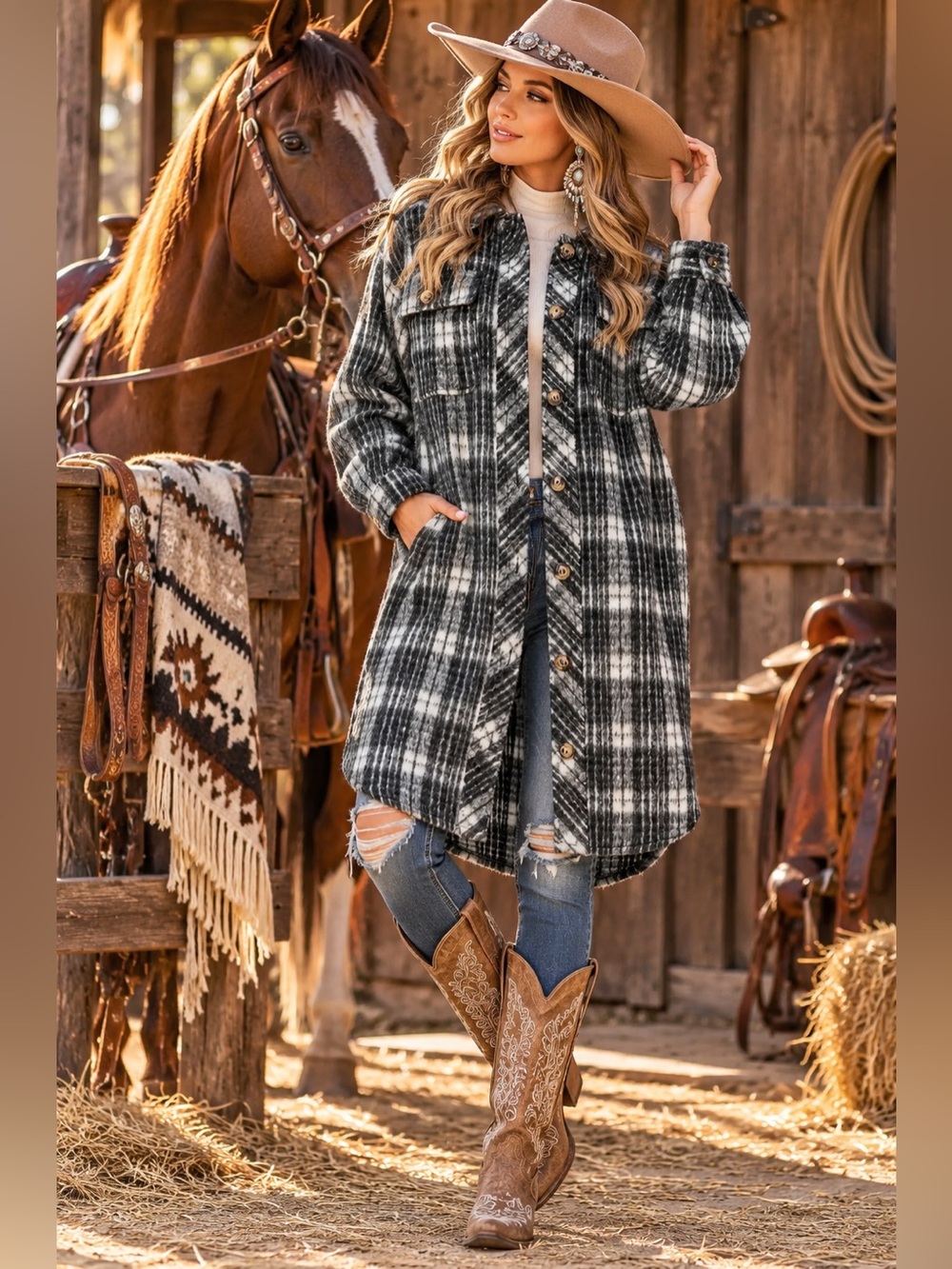 Black plaid embroidered raw hem Sherpa fleece Western horse boho coat jacket